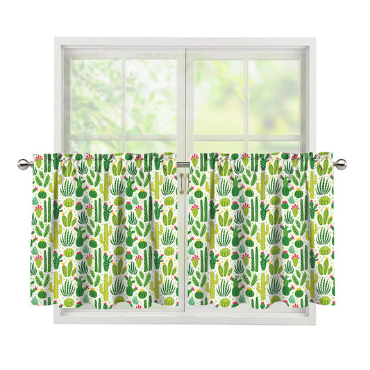 White Cactus Plant Pattern Print Tier Curtains