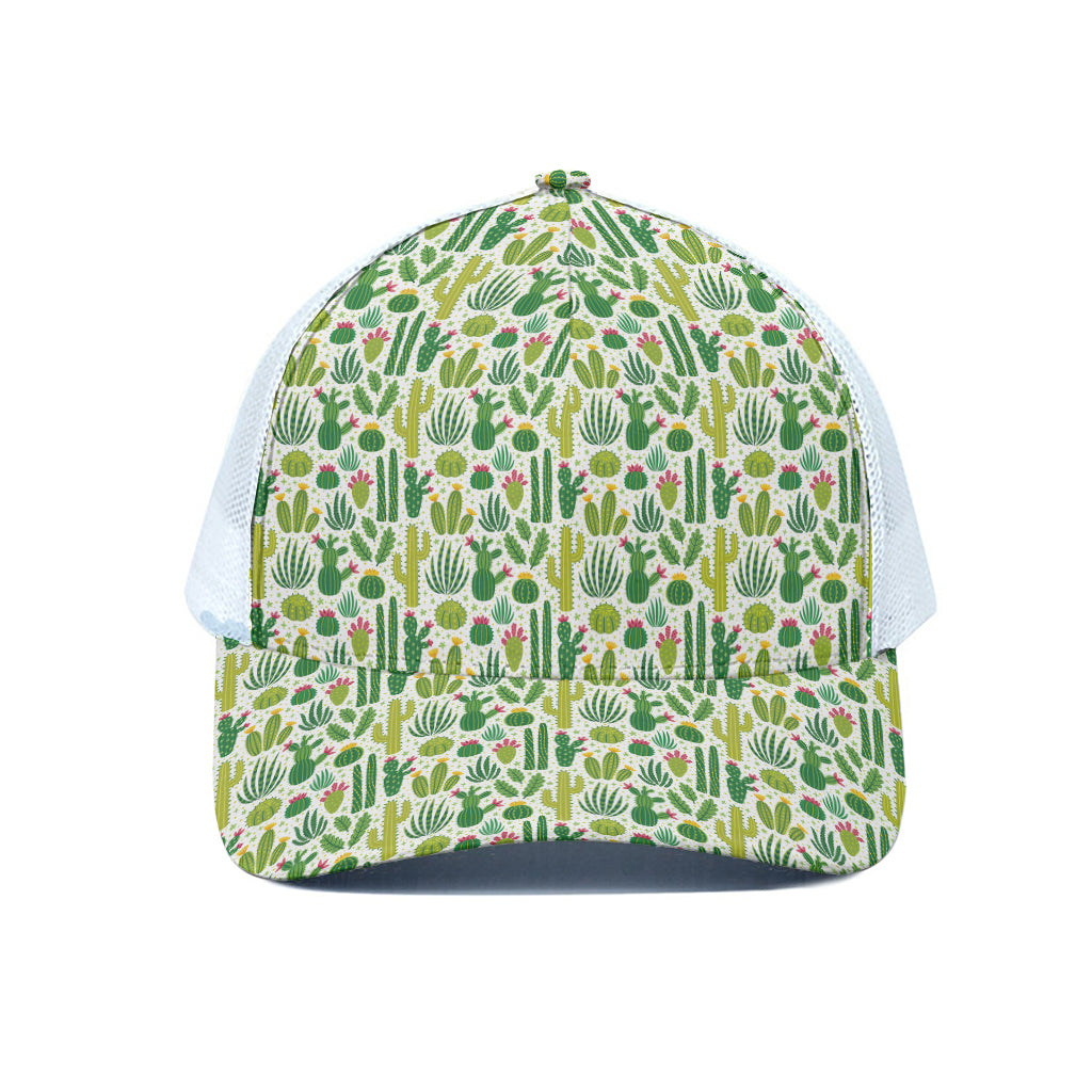 White Cactus Plant Pattern Print White Mesh Trucker Cap