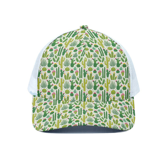 White Cactus Plant Pattern Print White Mesh Trucker Cap