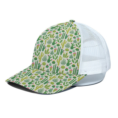White Cactus Plant Pattern Print White Mesh Trucker Cap