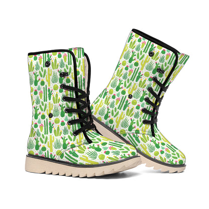 White Cactus Plant Pattern Print Winter Boots
