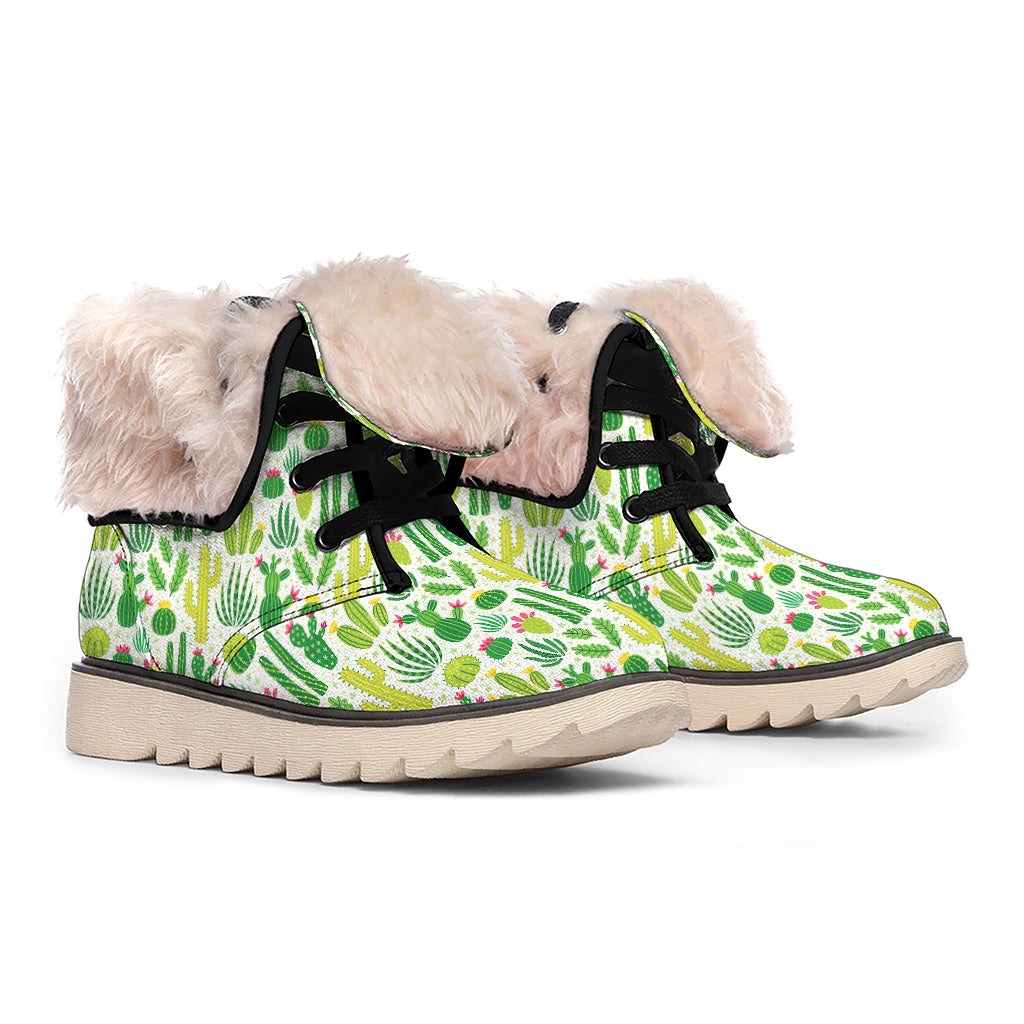 White Cactus Plant Pattern Print Winter Boots