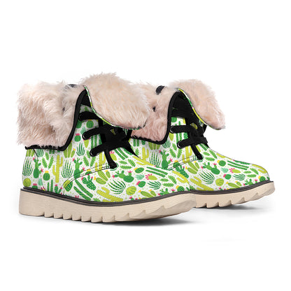 White Cactus Plant Pattern Print Winter Boots