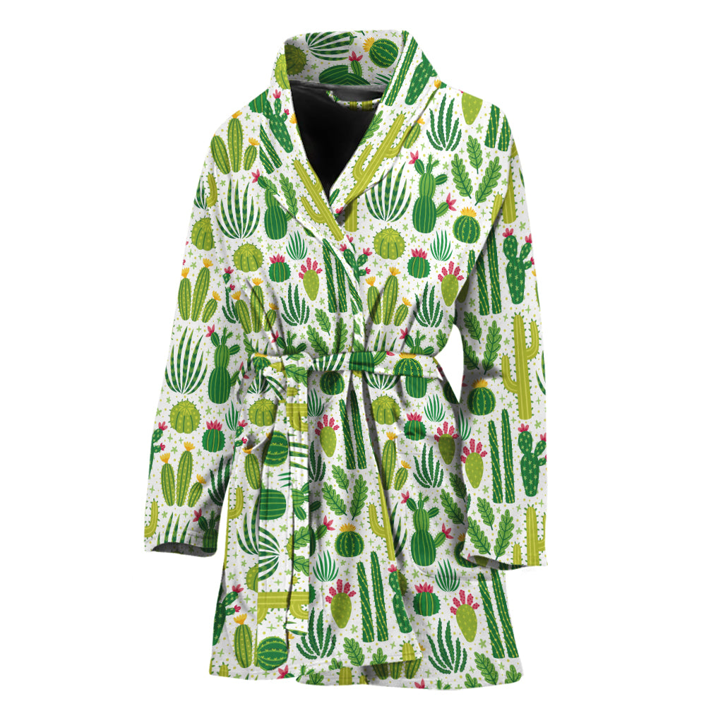 White Cactus Plant Pattern Print Women's Bathrobe