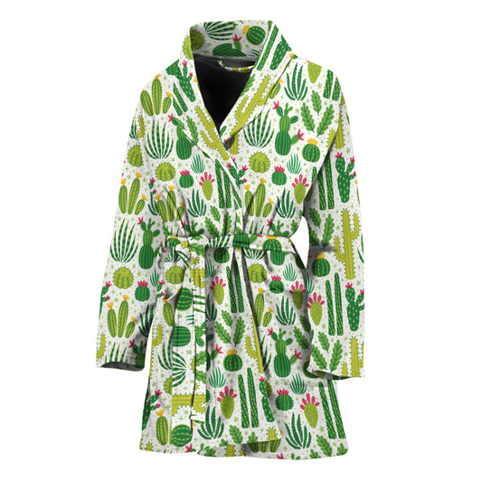 White Cactus Plant Pattern Print Women's Bathrobe