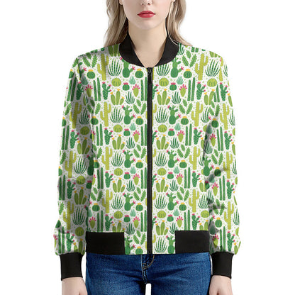 White Cactus Plant Pattern Print Women's Bomber Jacket