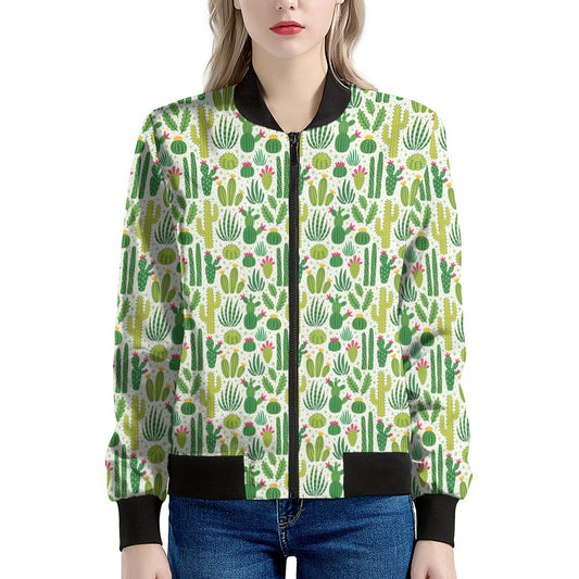 White Cactus Plant Pattern Print Women's Bomber Jacket
