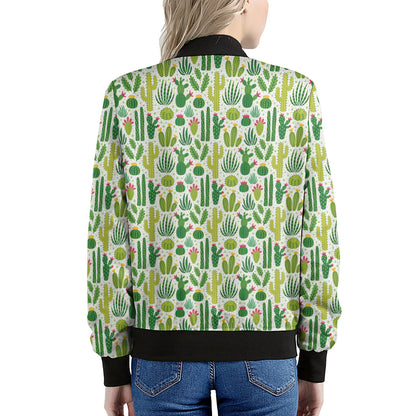 White Cactus Plant Pattern Print Women's Bomber Jacket