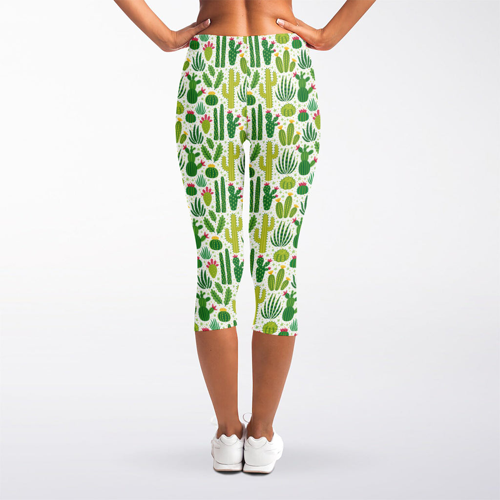 White Cactus Plant Pattern Print Women's Capri Leggings