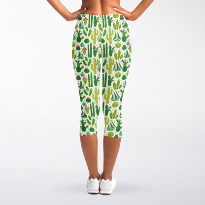 White Cactus Plant Pattern Print Women's Capri Leggings