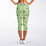 White Cactus Plant Pattern Print Women's Capri Leggings