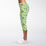 White Cactus Plant Pattern Print Women's Capri Leggings