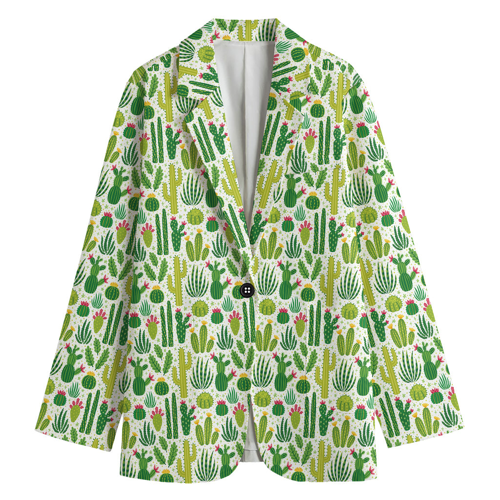 White Cactus Plant Pattern Print Women's Cotton Blazer