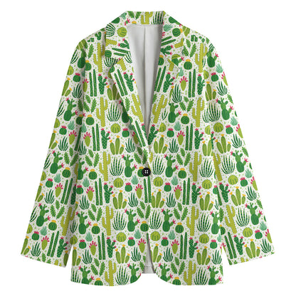 White Cactus Plant Pattern Print Women's Cotton Blazer