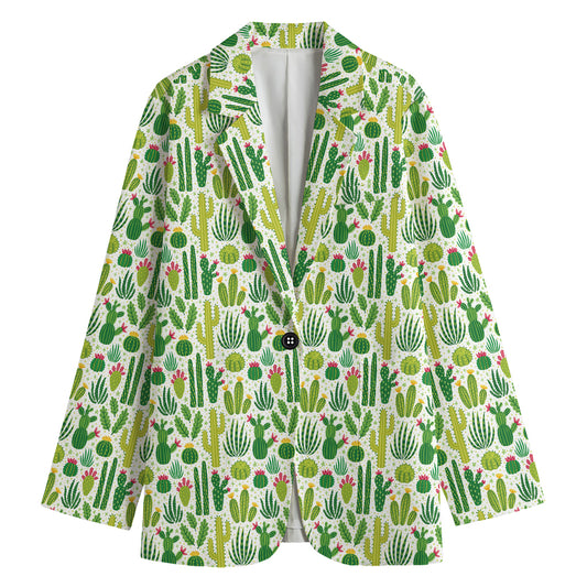White Cactus Plant Pattern Print Women's Cotton Blazer