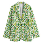 White Cactus Plant Pattern Print Women's Cotton Blazer