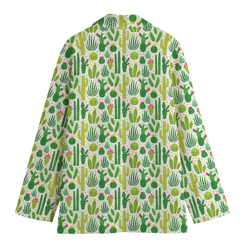 White Cactus Plant Pattern Print Women's Cotton Blazer