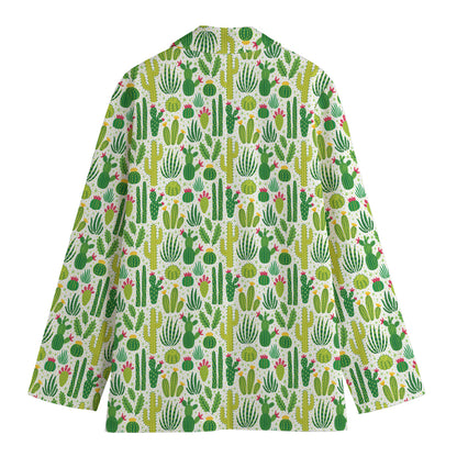 White Cactus Plant Pattern Print Women's Cotton Blazer