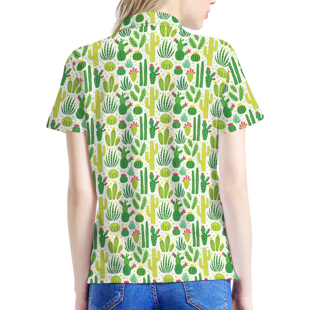 White Cactus Plant Pattern Print Women's Polo Shirt