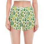 White Cactus Plant Pattern Print Women's Split Running Shorts