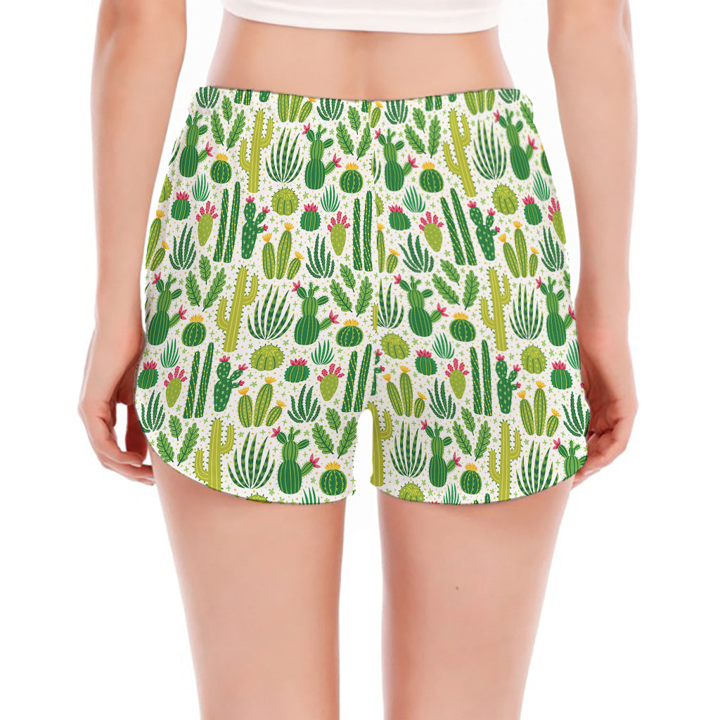 White Cactus Plant Pattern Print Women's Split Running Shorts