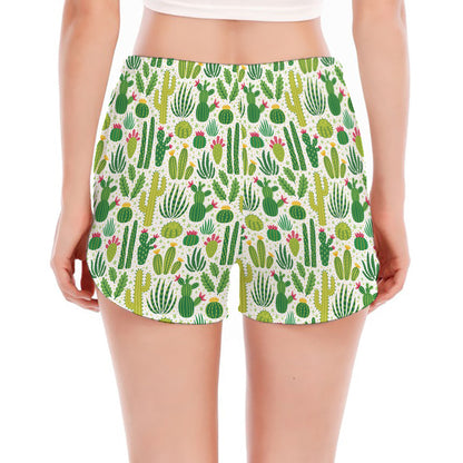 White Cactus Plant Pattern Print Women's Split Running Shorts