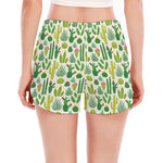 White Cactus Plant Pattern Print Women's Split Running Shorts