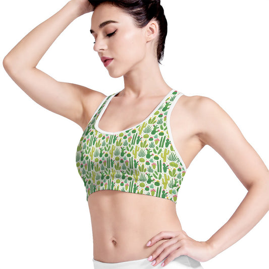 White Cactus Plant Pattern Print Women's Sports Bra