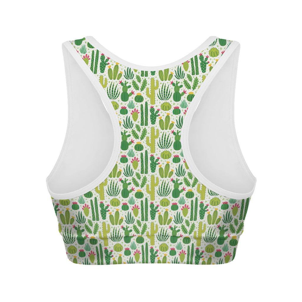 White Cactus Plant Pattern Print Women's Sports Bra