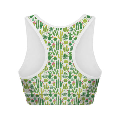 White Cactus Plant Pattern Print Women's Sports Bra