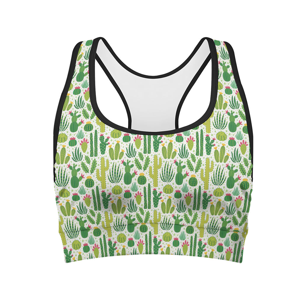 White Cactus Plant Pattern Print Women's Sports Bra