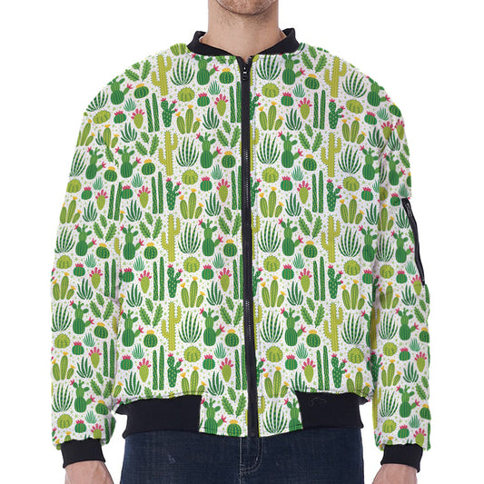 White Cactus Plant Pattern Print Zip Sleeve Bomber Jacket