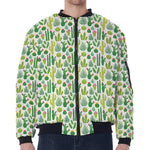 White Cactus Plant Pattern Print Zip Sleeve Bomber Jacket