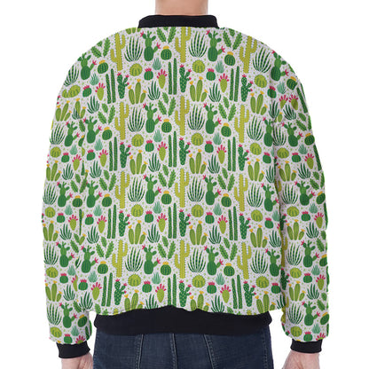 White Cactus Plant Pattern Print Zip Sleeve Bomber Jacket