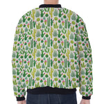 White Cactus Plant Pattern Print Zip Sleeve Bomber Jacket