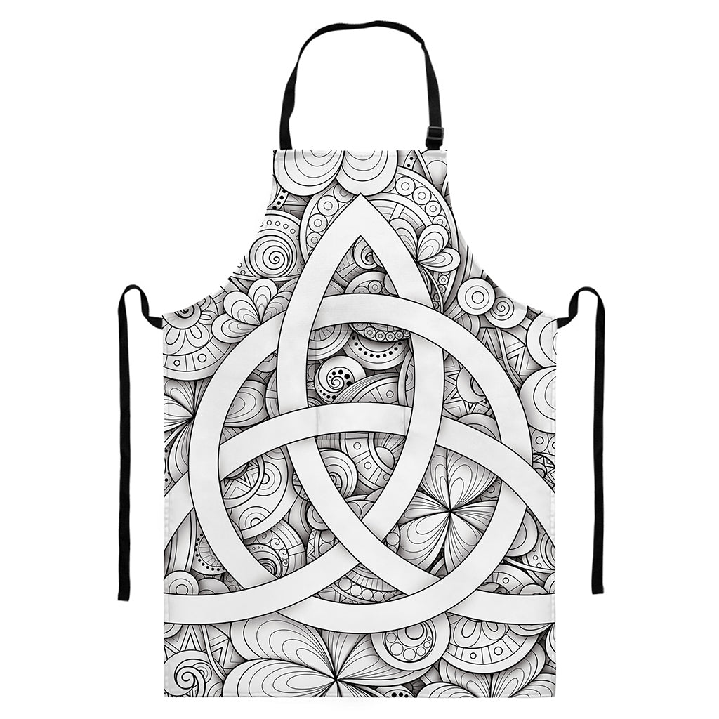 White Celtic Trinity Knot Symbol Print Bib Apron With Pocket