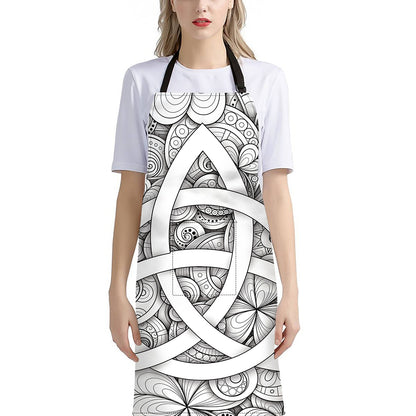White Celtic Trinity Knot Symbol Print Bib Apron With Pocket