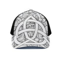 White Celtic Trinity Knot Symbol Print Black Mesh Trucker Hat