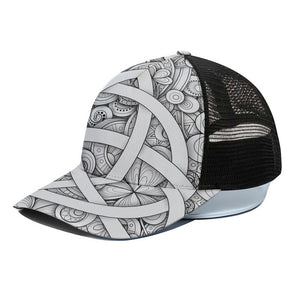 White Celtic Trinity Knot Symbol Print Black Mesh Trucker Cap