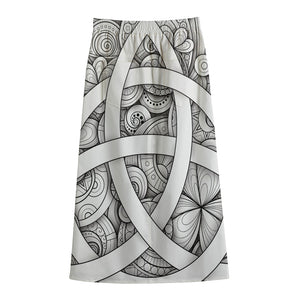 White Celtic Trinity Knot Symbol Print Cotton Front Slit Maxi Skirt