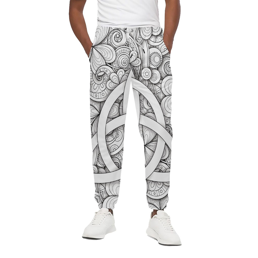 White Celtic Trinity Knot Symbol Print Cotton Pants
