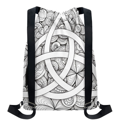 White Celtic Trinity Knot Symbol Print Drawstring Backpack