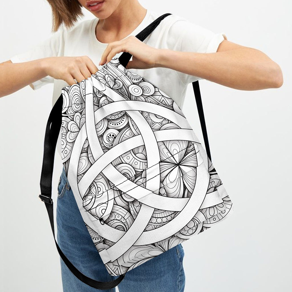 White Celtic Trinity Knot Symbol Print Drawstring Backpack