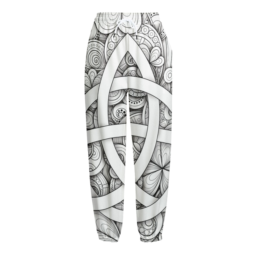 White Celtic Trinity Knot Symbol Print Fleece Lined Knit Pants