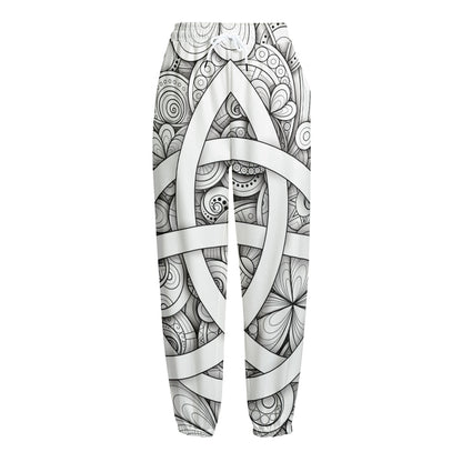 White Celtic Trinity Knot Symbol Print Fleece Lined Knit Pants
