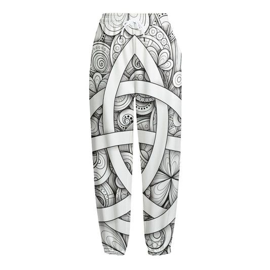 White Celtic Trinity Knot Symbol Print Fleece Lined Knit Pants