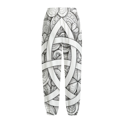 White Celtic Trinity Knot Symbol Print Fleece Lined Knit Pants