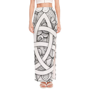 White Celtic Trinity Knot Symbol Print High Slit Maxi Skirt