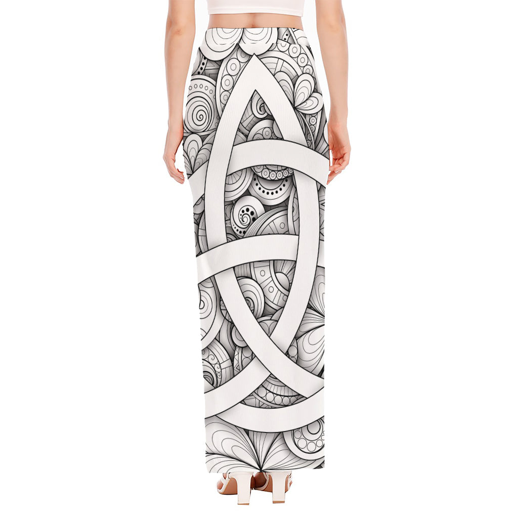 White Celtic Trinity Knot Symbol Print High Slit Maxi Skirt