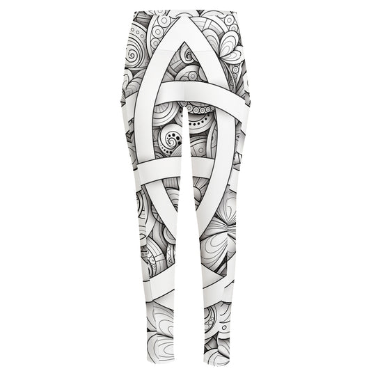 White Celtic Trinity Knot Symbol Print High-Waisted Pocket Leggings